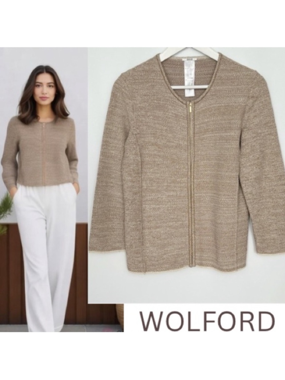 Wolford Nadi Metallic Gold Taupe Textured Knit Zip Front Jacket Cardigan Size M